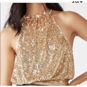 Free People L Lights Out Halter Top Gold Sequins Triple Tie in Back Festival